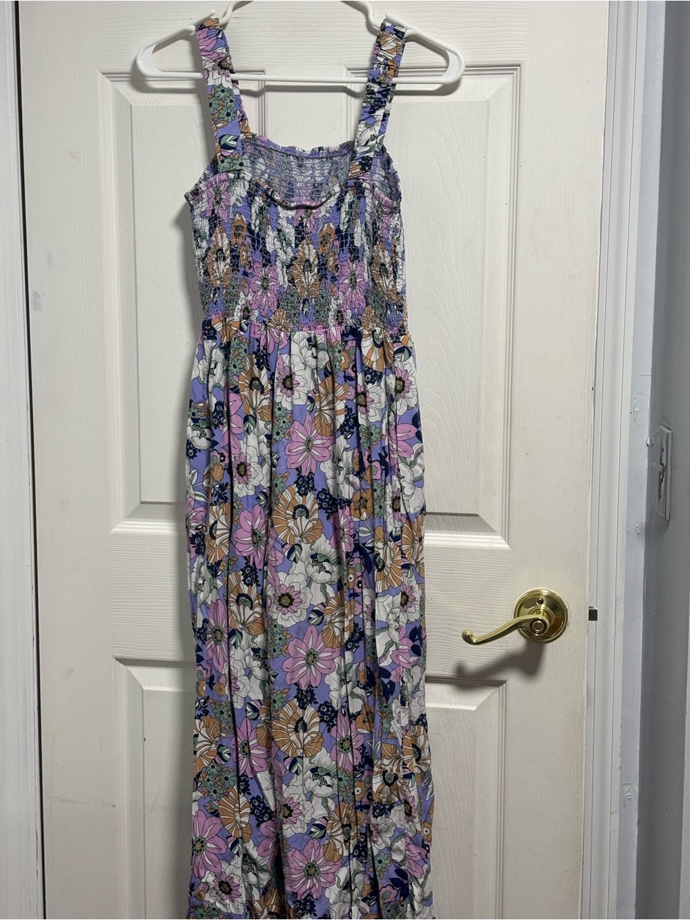 Smocked Floral Maxi Jumpsuit in Lavender and White